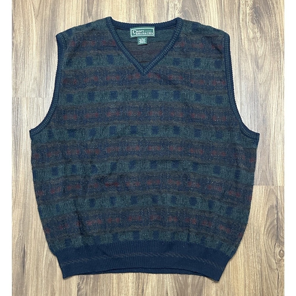 Vintage Croft & Barrow Mens Wool Blend Sweater Vest Made In Italy Navy Sz L